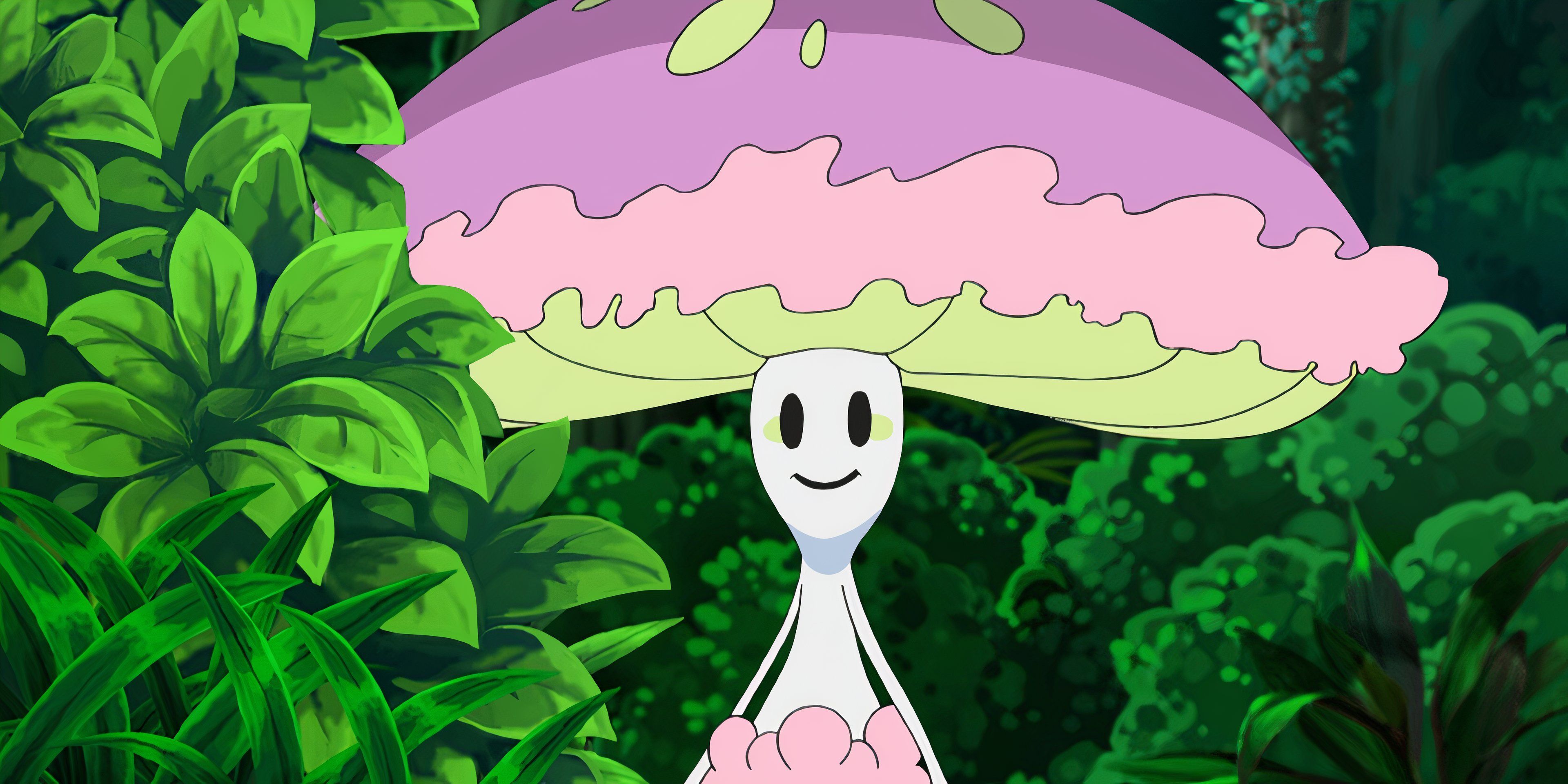 Shiinotic se esconde nos arbustos no anime Pokemon.