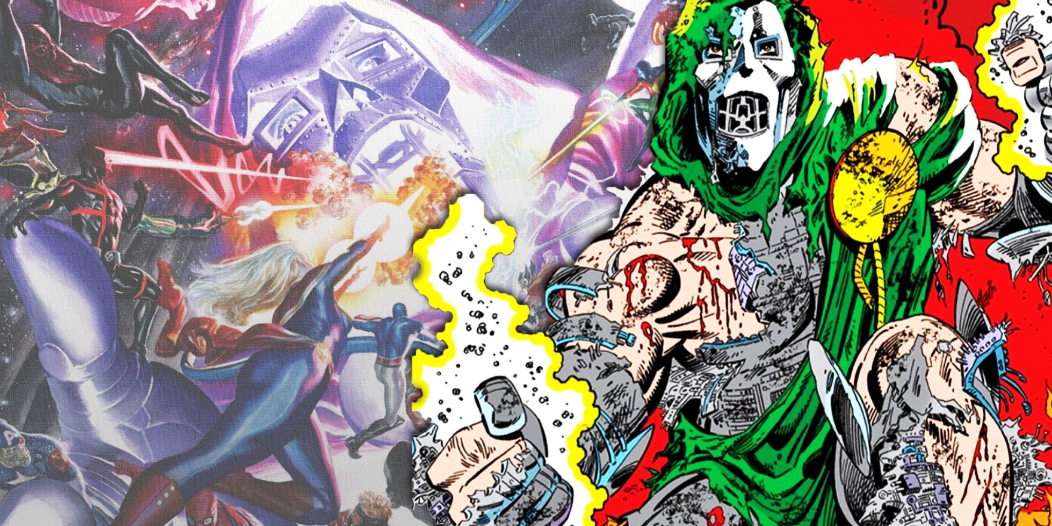 Split image of Marvel heroes fighting Doctor Doom with Doctor Doom fighting Beyonder from both Secret Wars events
