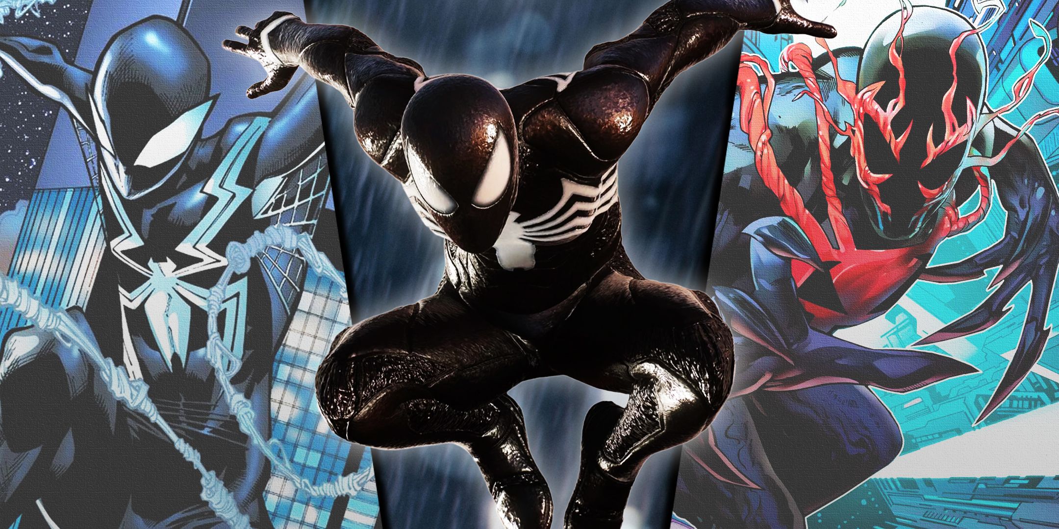 Split image of Symbiote Spider-Man variants from Marvel Comics, insomniac Games, and Marvel 2099.