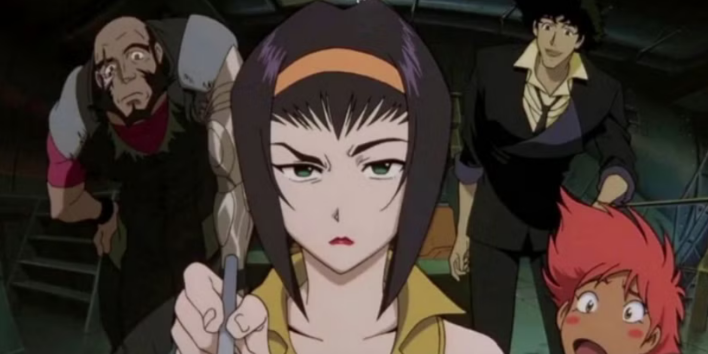Spike Spiegel, Jet Black and Ed watch Faye Valentine while she cooks in Cowboy Bebop.