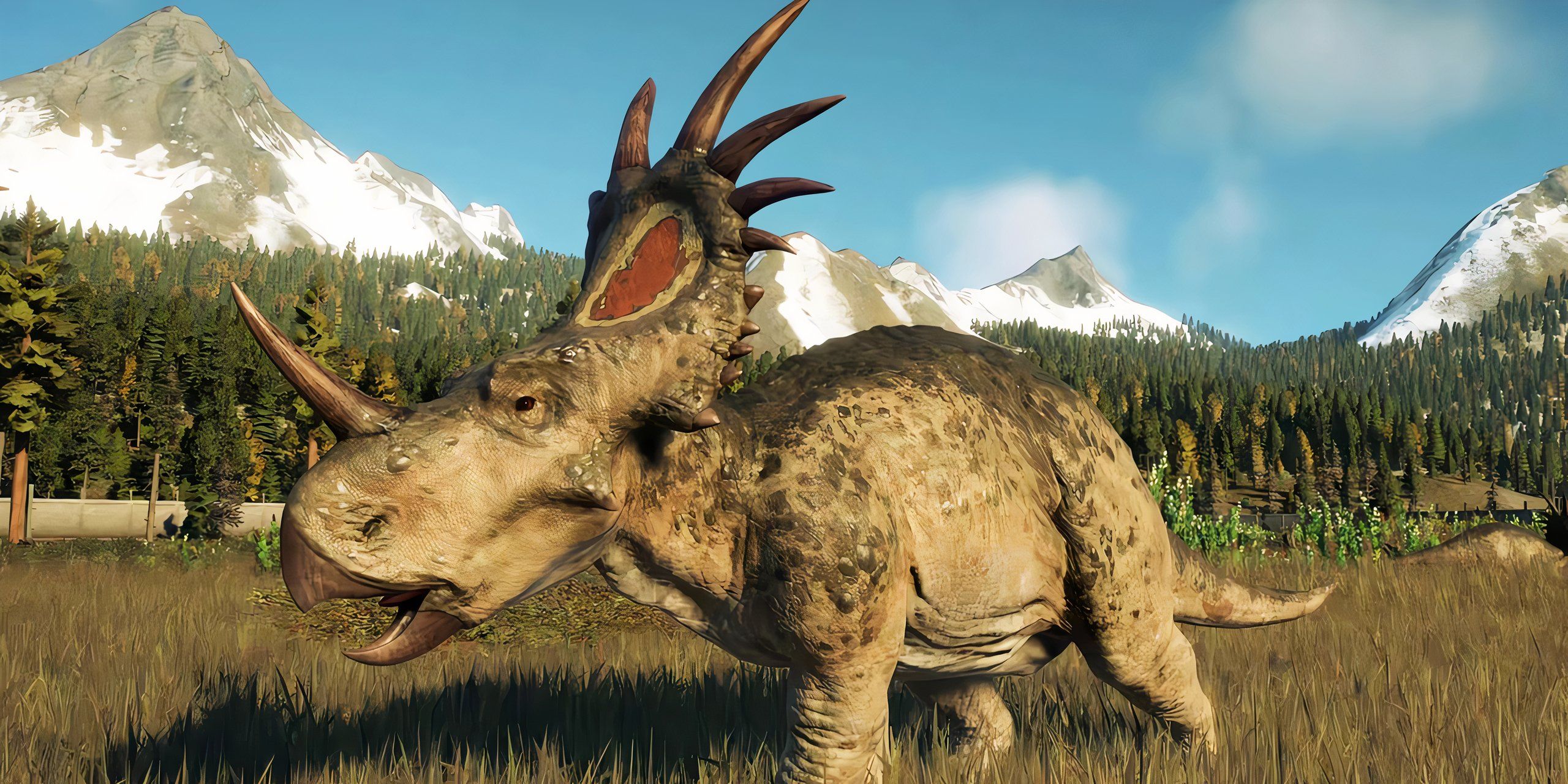 Styracosaurus inside an enclosure in Jurassic World Evolution 2