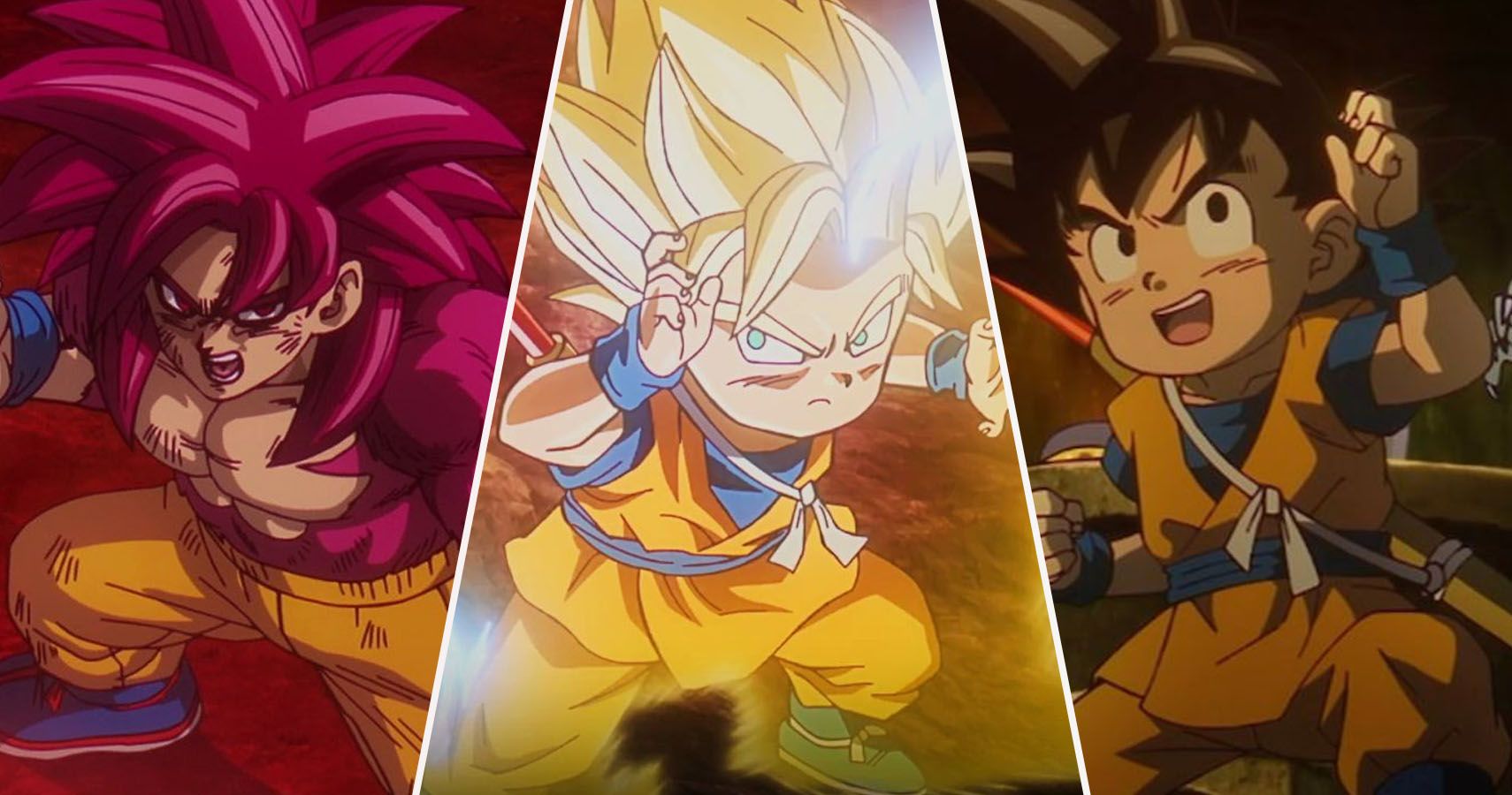 Super Saiyan 4 Goku in Dragon Ball DAIMA Episode 20, Super Saiyan 2 Goku in Dragon Ball DAIMA Episode 8, and Base Goku in Dragon Ball DAIMA Episode 3