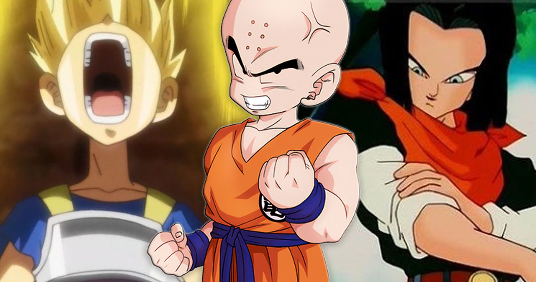 Super Saiyan Cabba gritando, Krillin Angry e Android 17 de Dragon Ball Super e DBZ