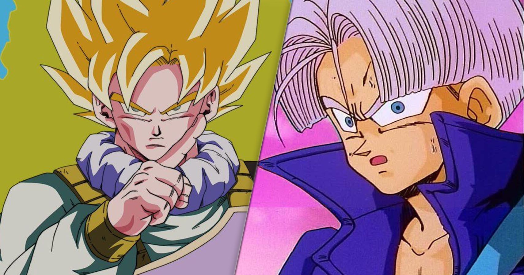 Super Saiyan Goku em sua roupa de Yardrat e futuros troncos parecendo chocados com o dragon ball z anime