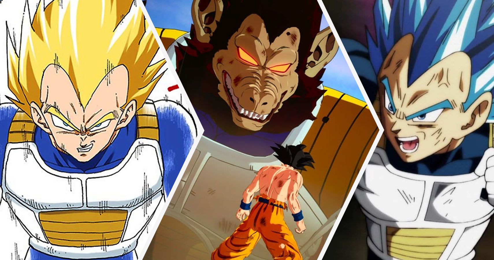 Super Saiyan Vegeta, Oozaru Vegeta, Goku, and Super Saiyan Blue Evolved Vegeta from Dragon Ball Z and Dragon Ball Super