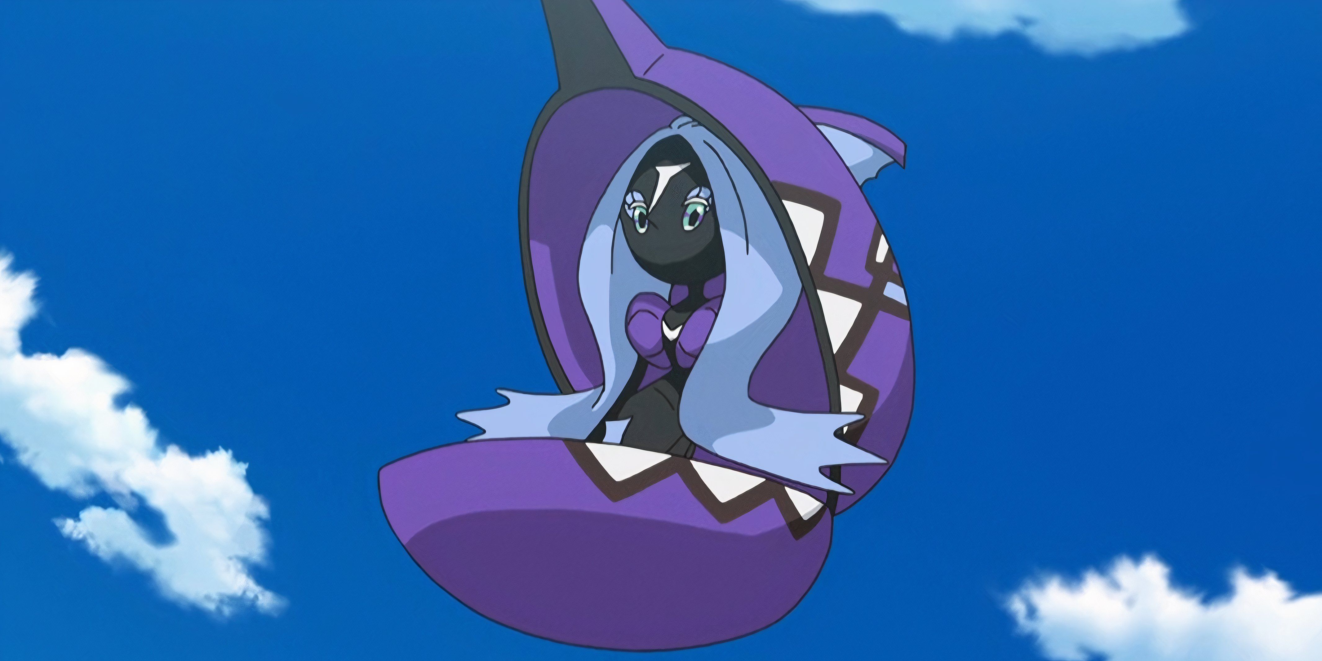 Tapu Fini voando no ar no anime Pokemon.