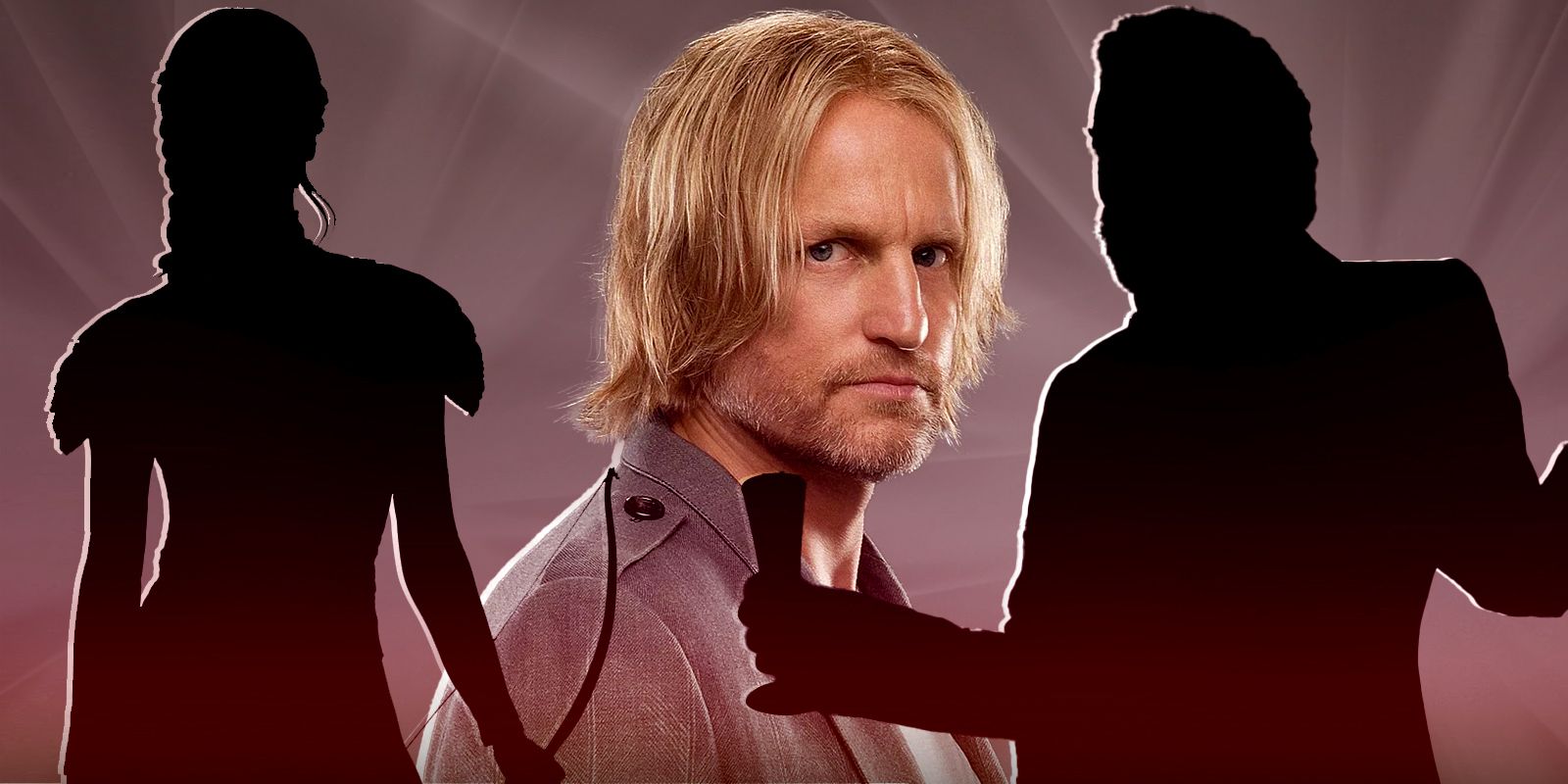 The Hunger Games' Haymitch Abernathy (Woody Harrelson) with silhouettes of Katniss Everdeen and President Snow.