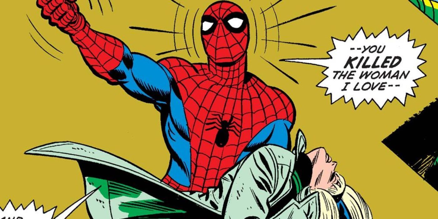 Spider-Man is holding Gwen Stacy's dead body and yelling at the being that killed her in Marvel Comics' 