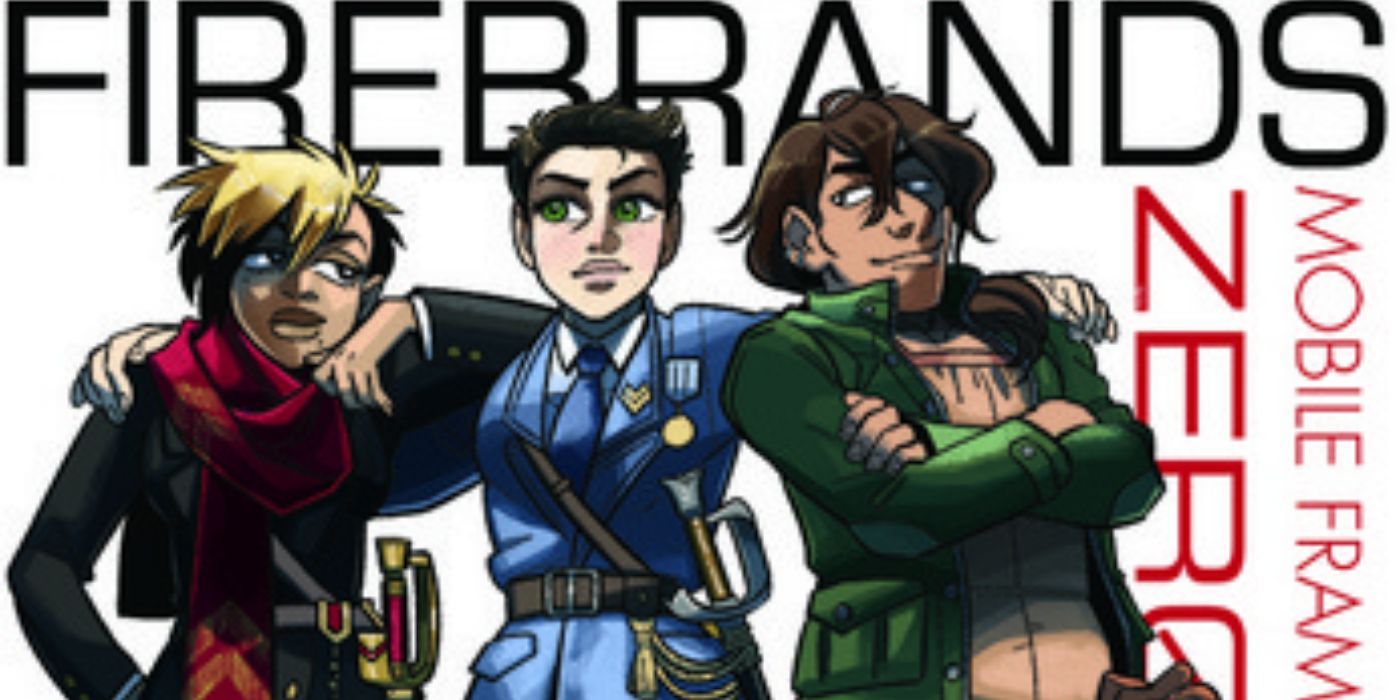 Three characters from Mobile Frame Zero: Firebrands are standing close together on the RPG's cover.