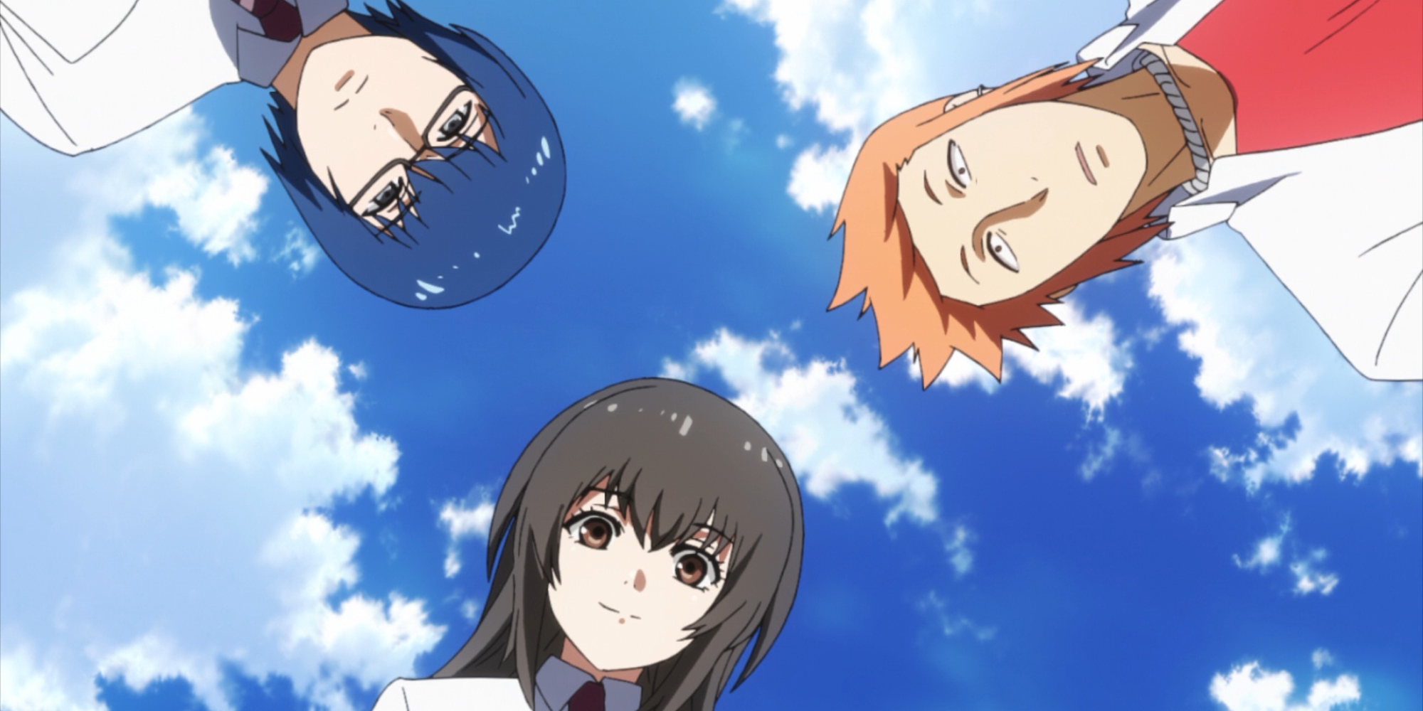 Tokyo Ghoul: Jack still with characters looking down at the viewer with a cloudy blue sky behind them