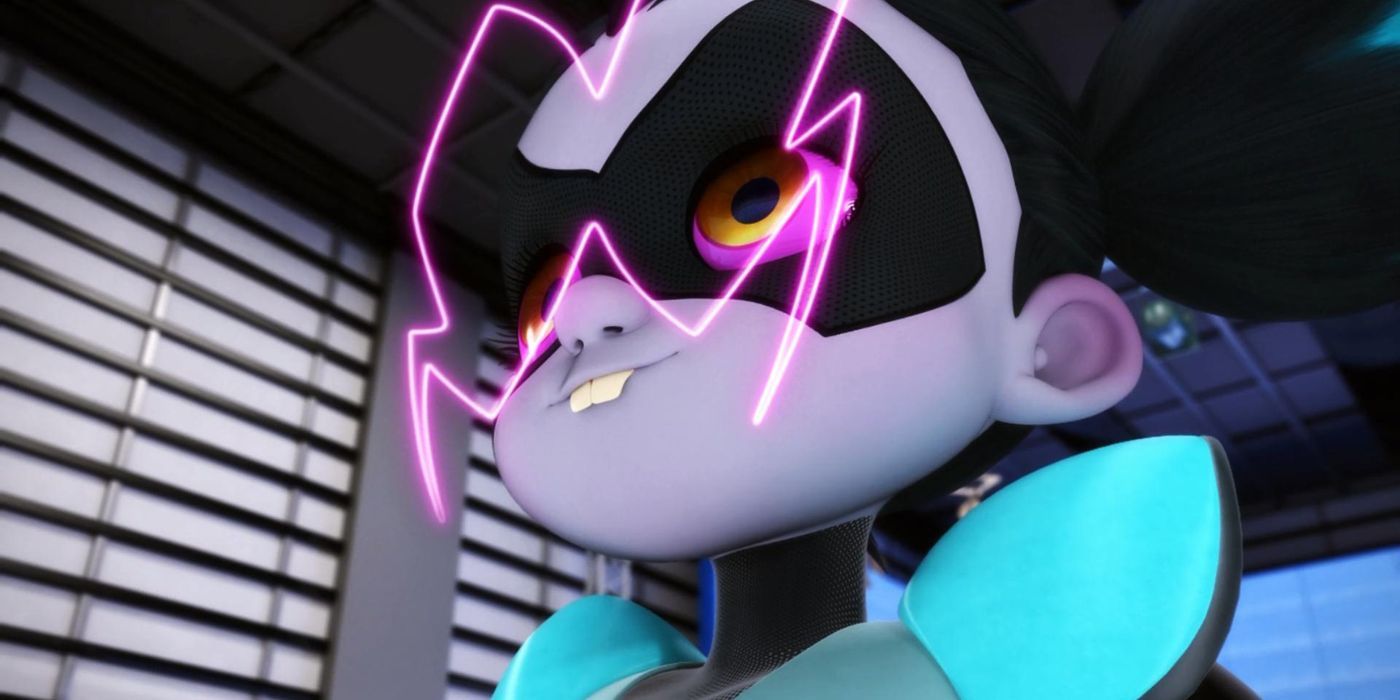 Manon Chamack como o marionetista com uma máscara de Akuma, olhando para Miraculous: Tales of Ladybug & Cat Noir.
