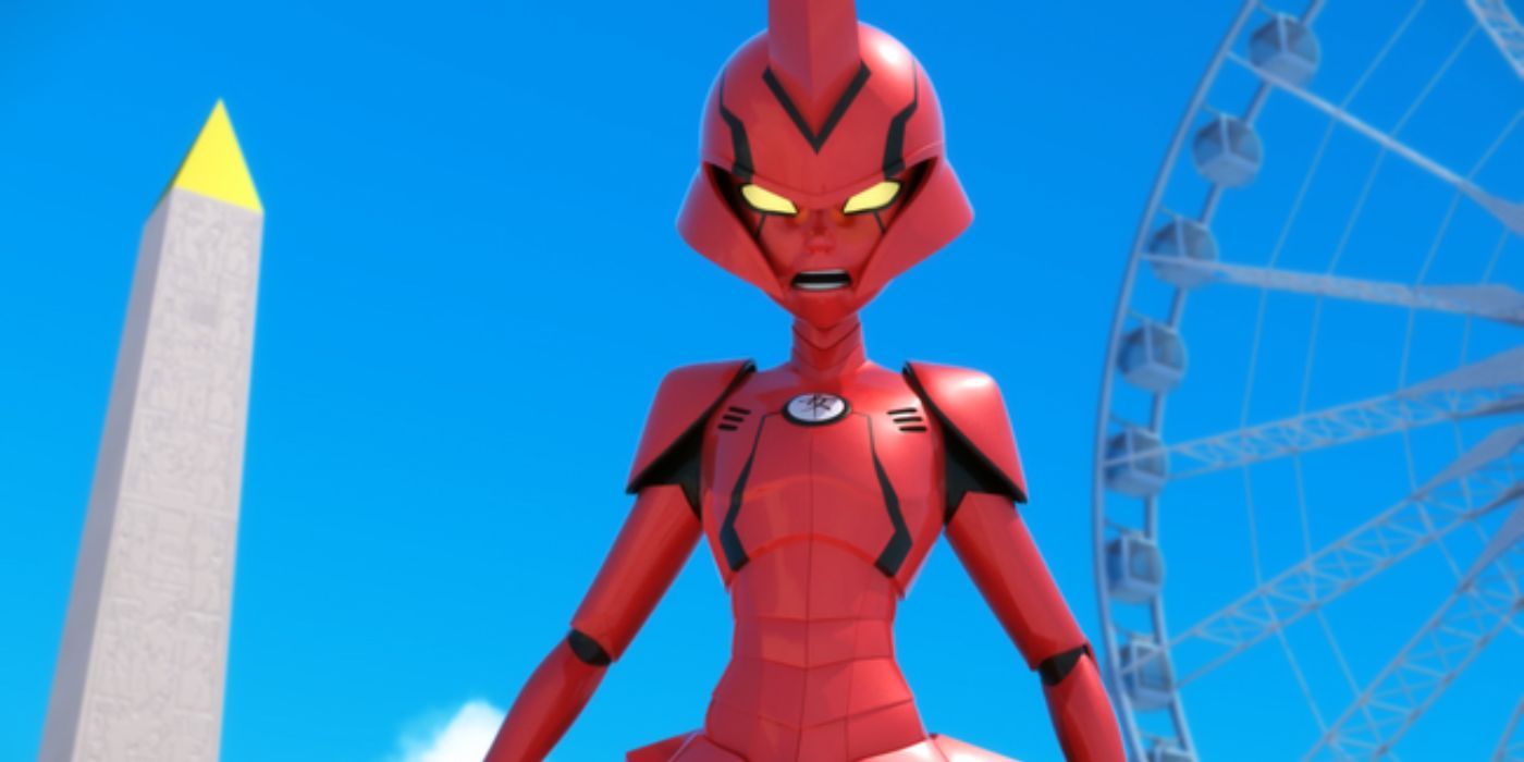 Ikari Gozen, com raiva, em um parque de diversões de Miraculous: Tales of Ladybugh & Cat Noir. 