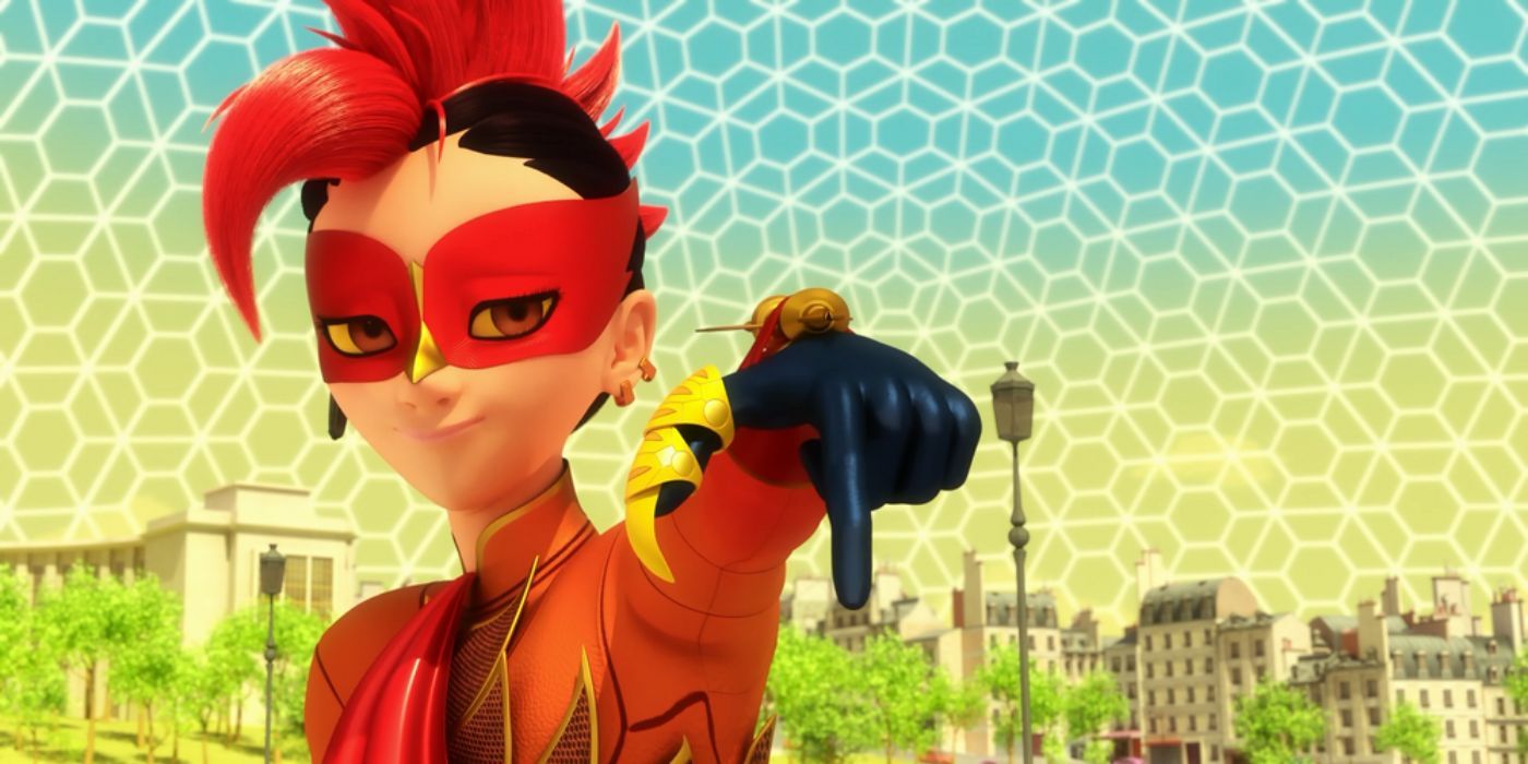 Galo ousado apontando para baixo e sorrindo presunçosamente de Miraculous: Tales of Ladybug & Cat Noir. 