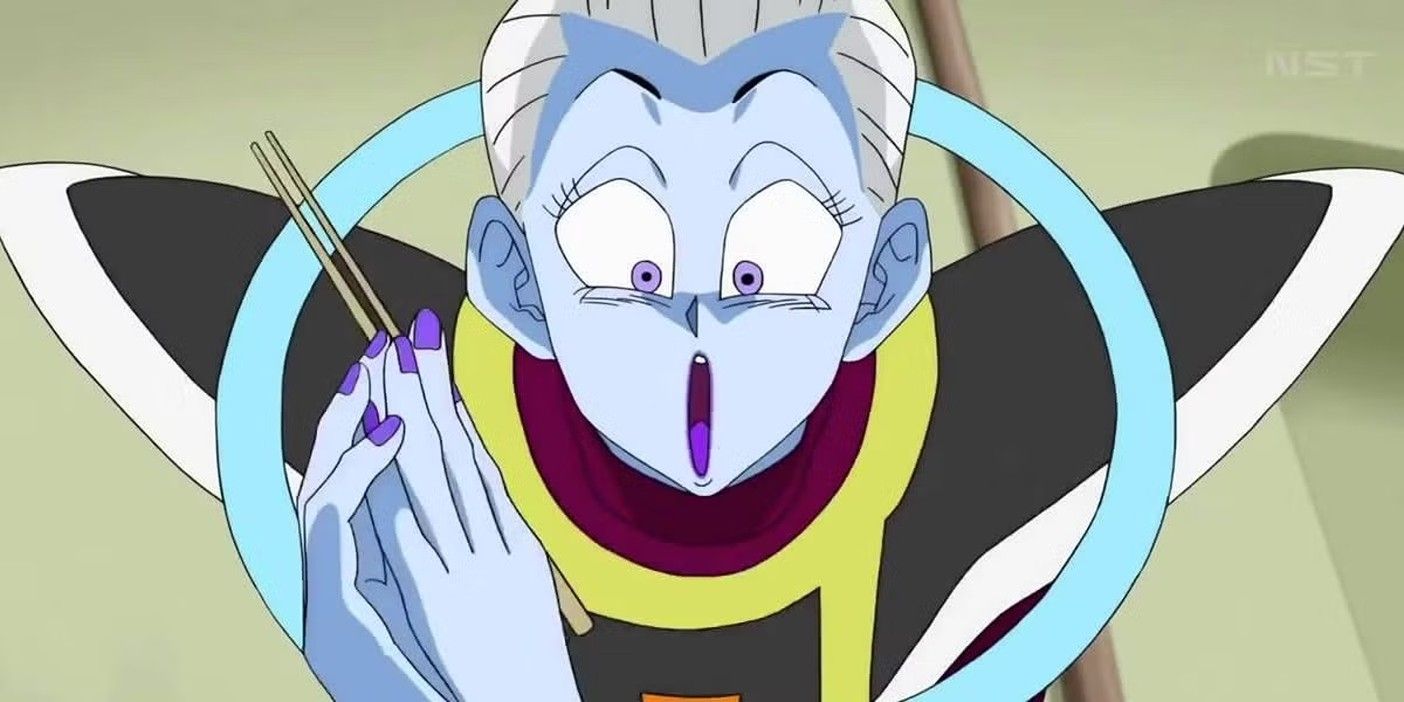 Whis looks surprised while holding chopsticks.