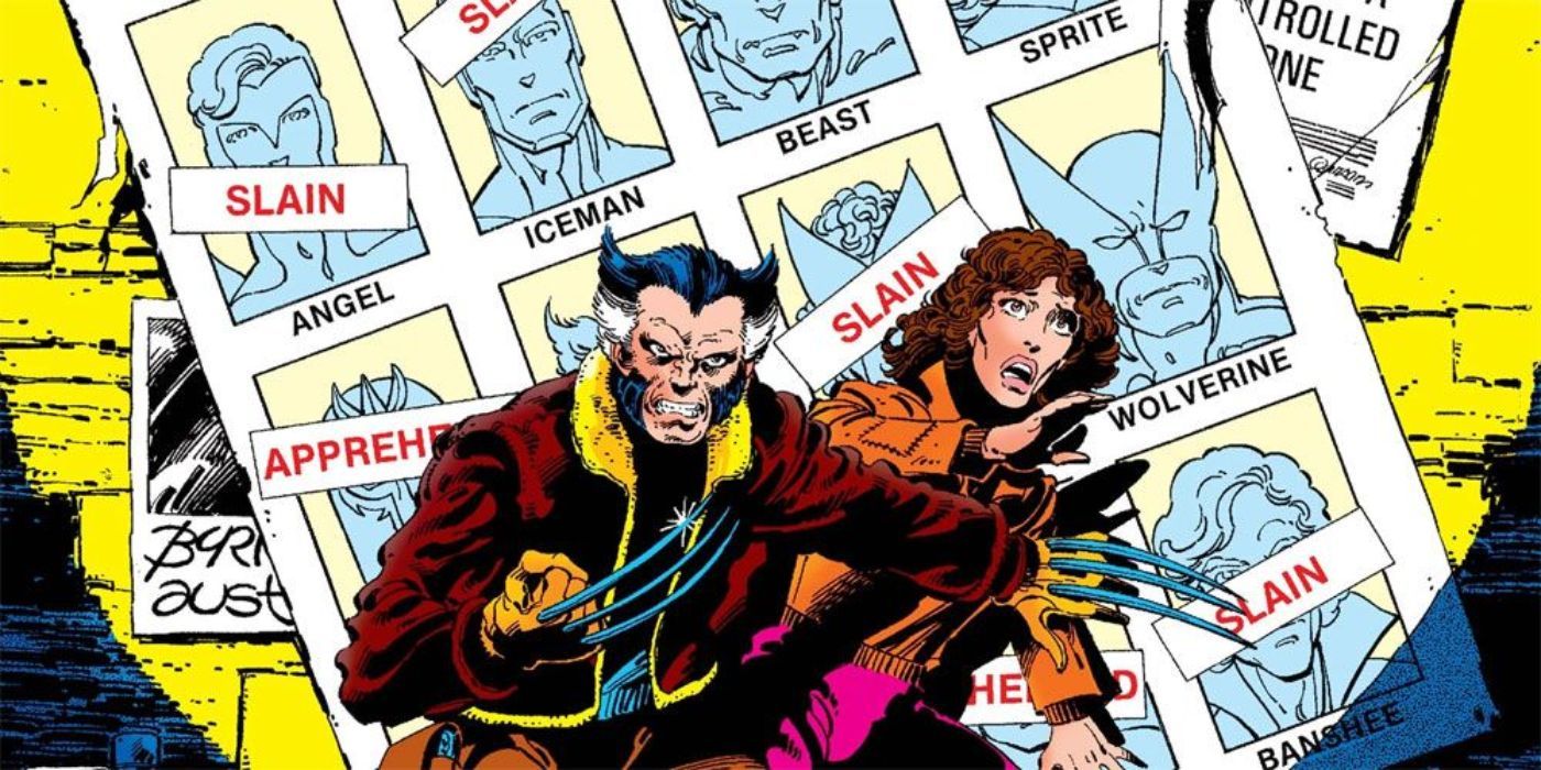 Wolverine is shielding an older Kitty Pryde in X-Men Days of Future Past in Marvel Comics.
