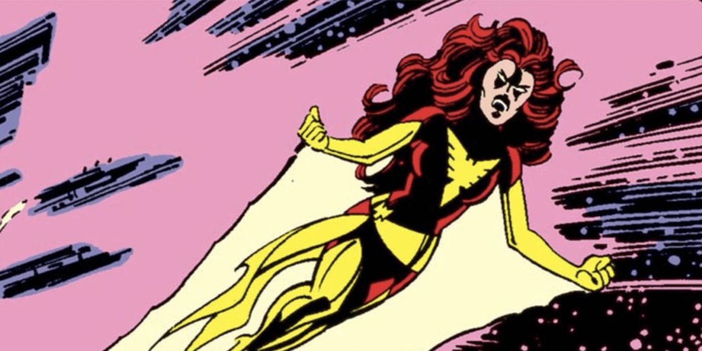 The Dark Phoenix looks angry as she flies through the sky in Marvel Comics' Dark Phoenix Saga.