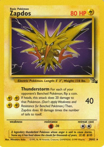 Zapdos lv. 40 en el juego de cartas de negociación de Pokémon.