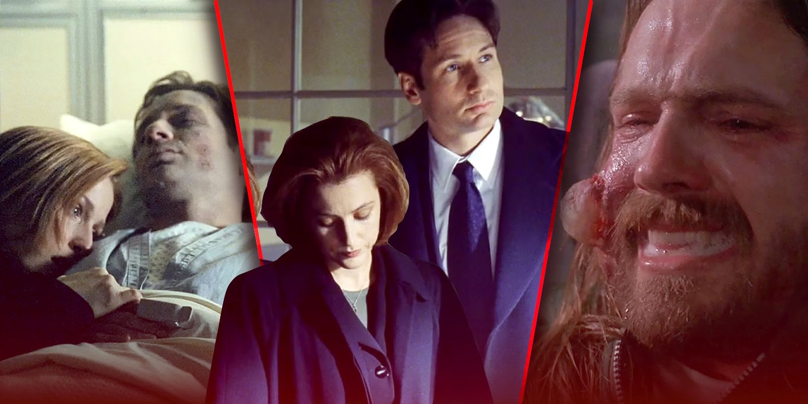 Images from X-Files of Dana Scully (Gillian Anderson) and Fox Mulder (David Duchovny) are depicted next to a man with something growing out of his cheek.