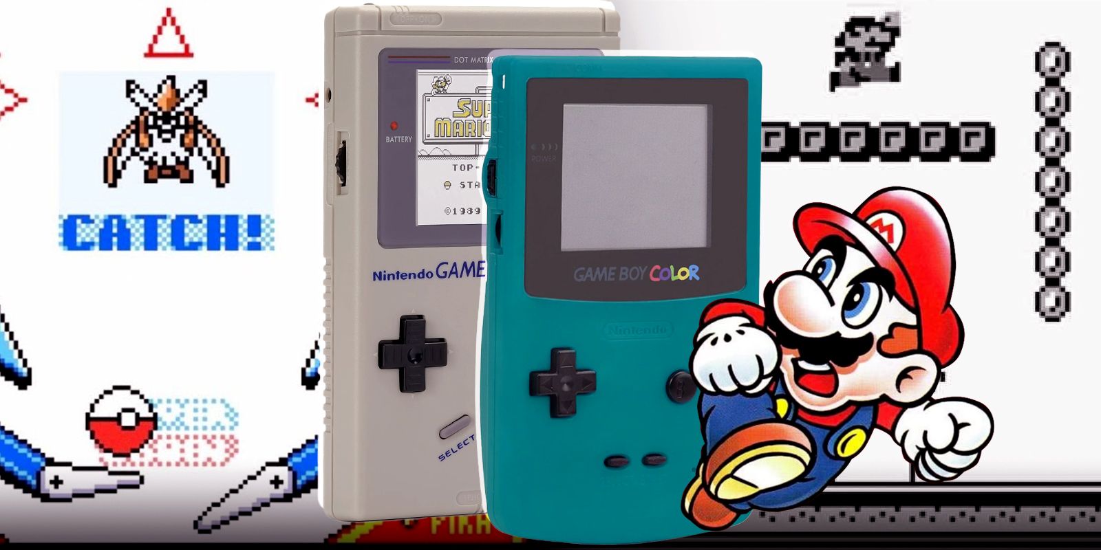 10-Game-Boy-and-Game-Boy-Color-Games-That-Aren't-As-Good-As-You-Remember featuring Pokemon Pinball and Super Mario Land in the background and the Game Boy in the foreground