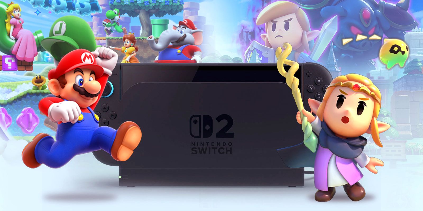 10-Nintendo-Switch-Games-That Need-Switch-2-Upgrades con Switch 2 con Mario de Super Mario Bros. Wonder y Zelda d'Ecos de sabiduría