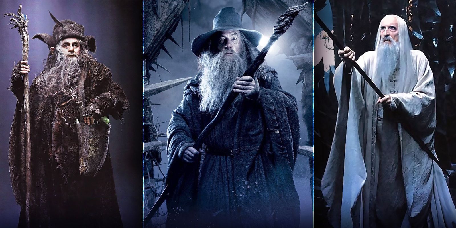 10-Weirdest-Details-About-Wizards-in-The-Lord-of-the-Rings featuring a Split image of Gandalf, Radagast and Saruman