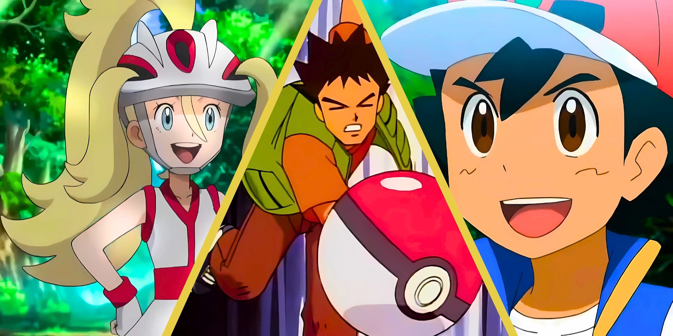 A split image of Korrina, Brock and Ash Ketchum from Pokémon