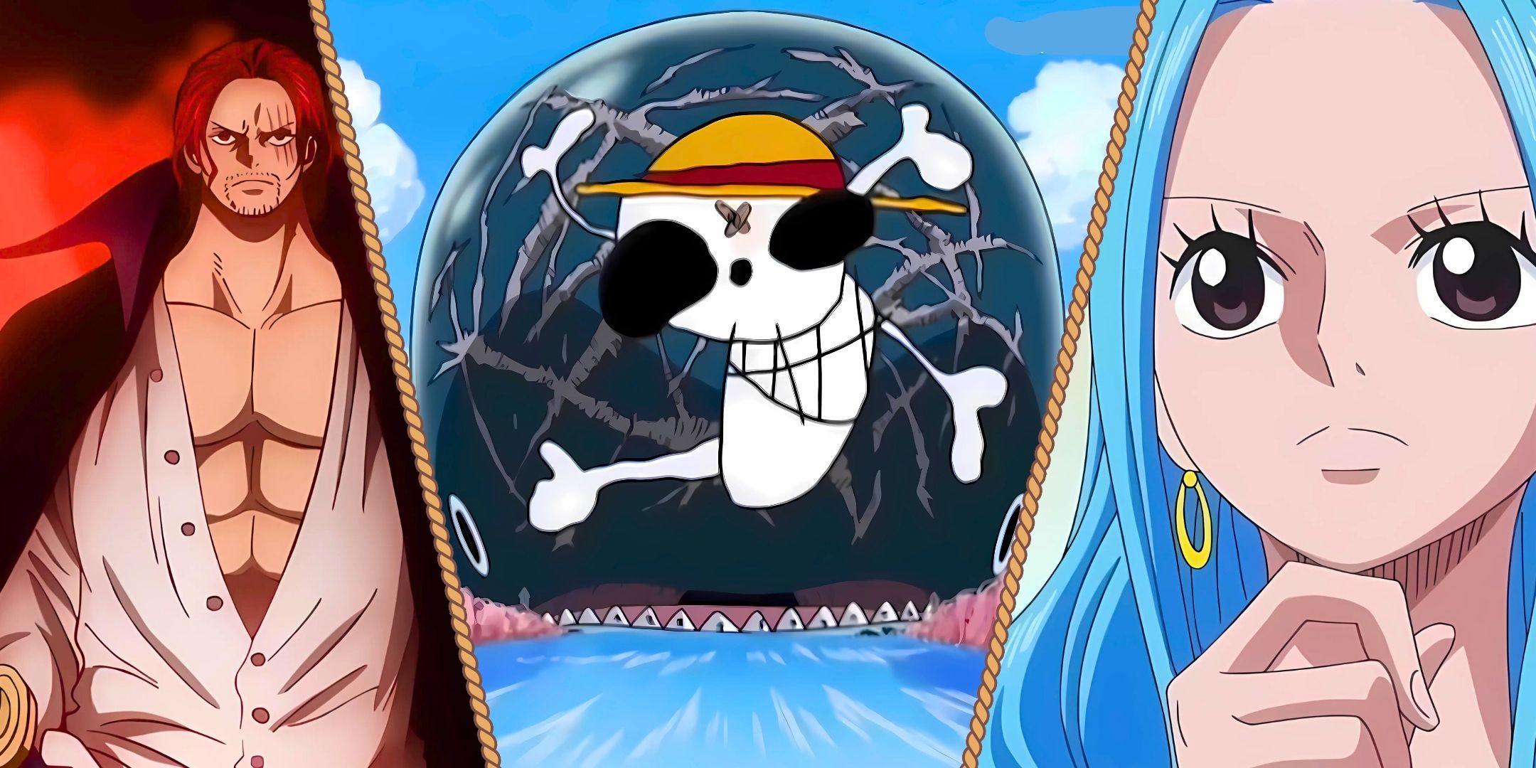 Una imagen dividida de vástagos, labores y néfertari vivi de la sola pieza de anime
