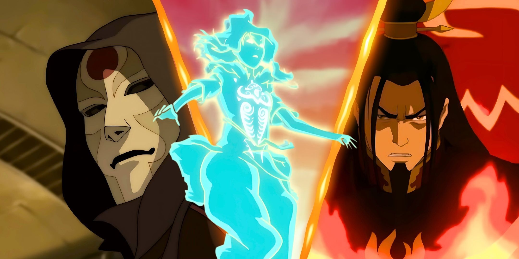 Amon Masked, Korra in Avatar State, Fire Lord Ozai by Legend of Korra and avatar the last Airbender look to the camera