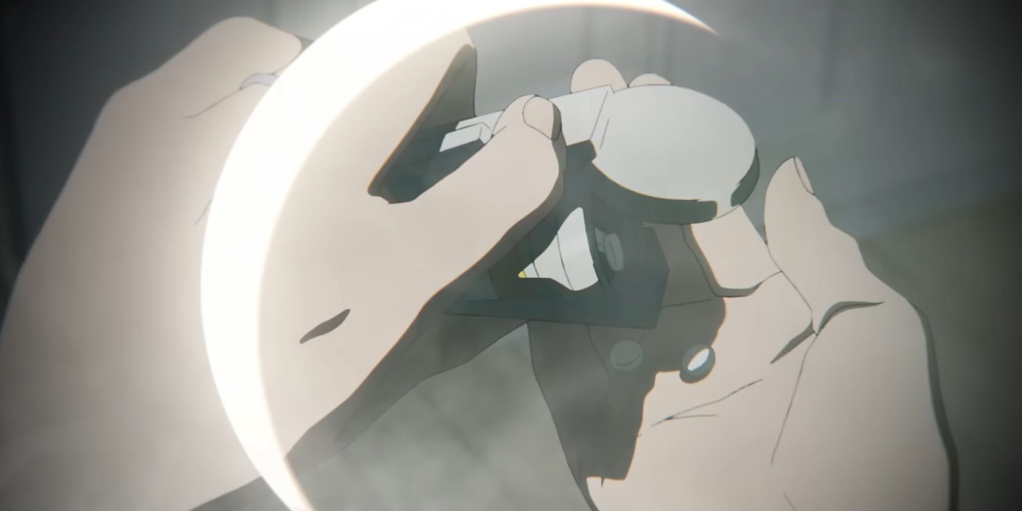 Uma pessoa derrama Hapna em sua mão no anime Lazarus de Toonami