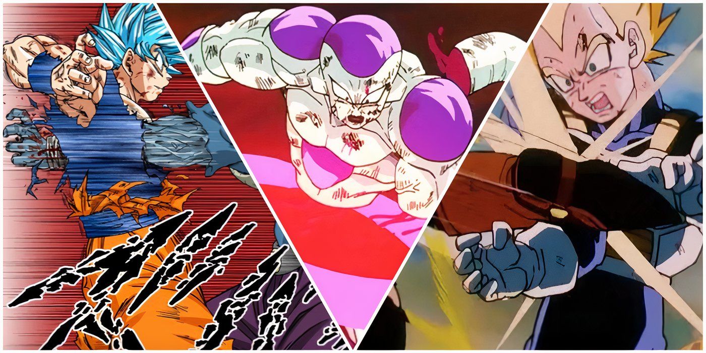 Moro punching through Goku, Frieza cut in half, and Android 18 breaking Vegeta's arm in Dragon Ball.