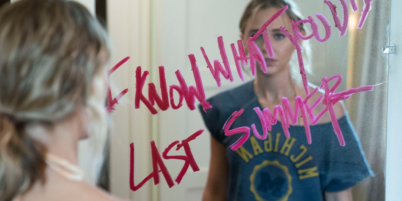 Girl who looks in a mirror with writing on it
