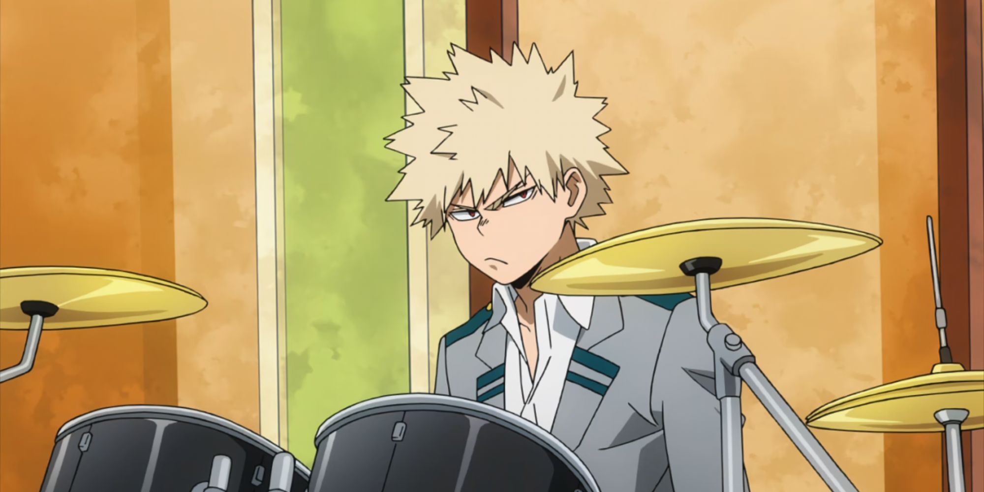 Bakugo pouting playing drums from MHA