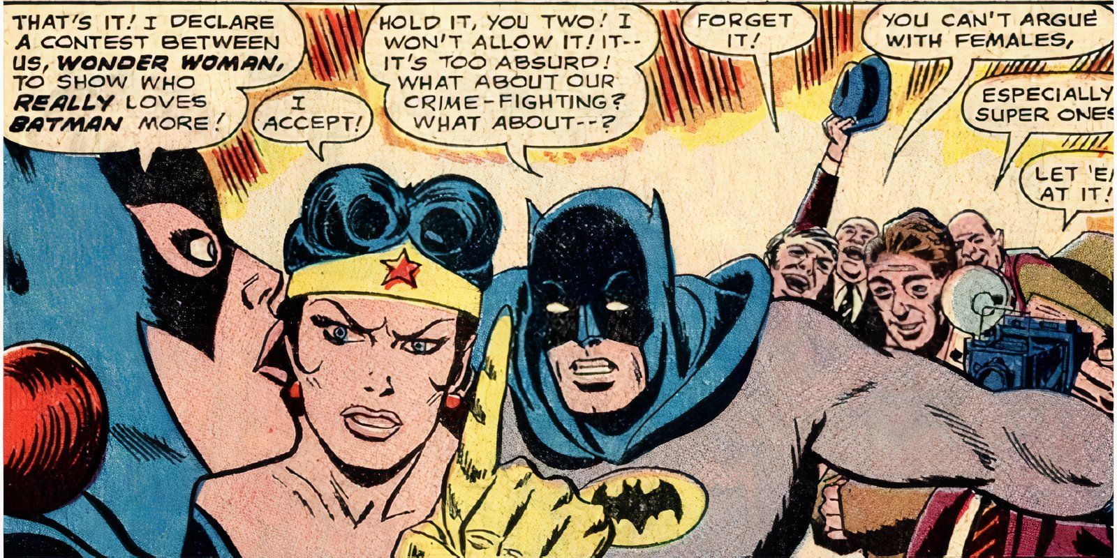Batgirl and Wonder Woman Fighting over Batman