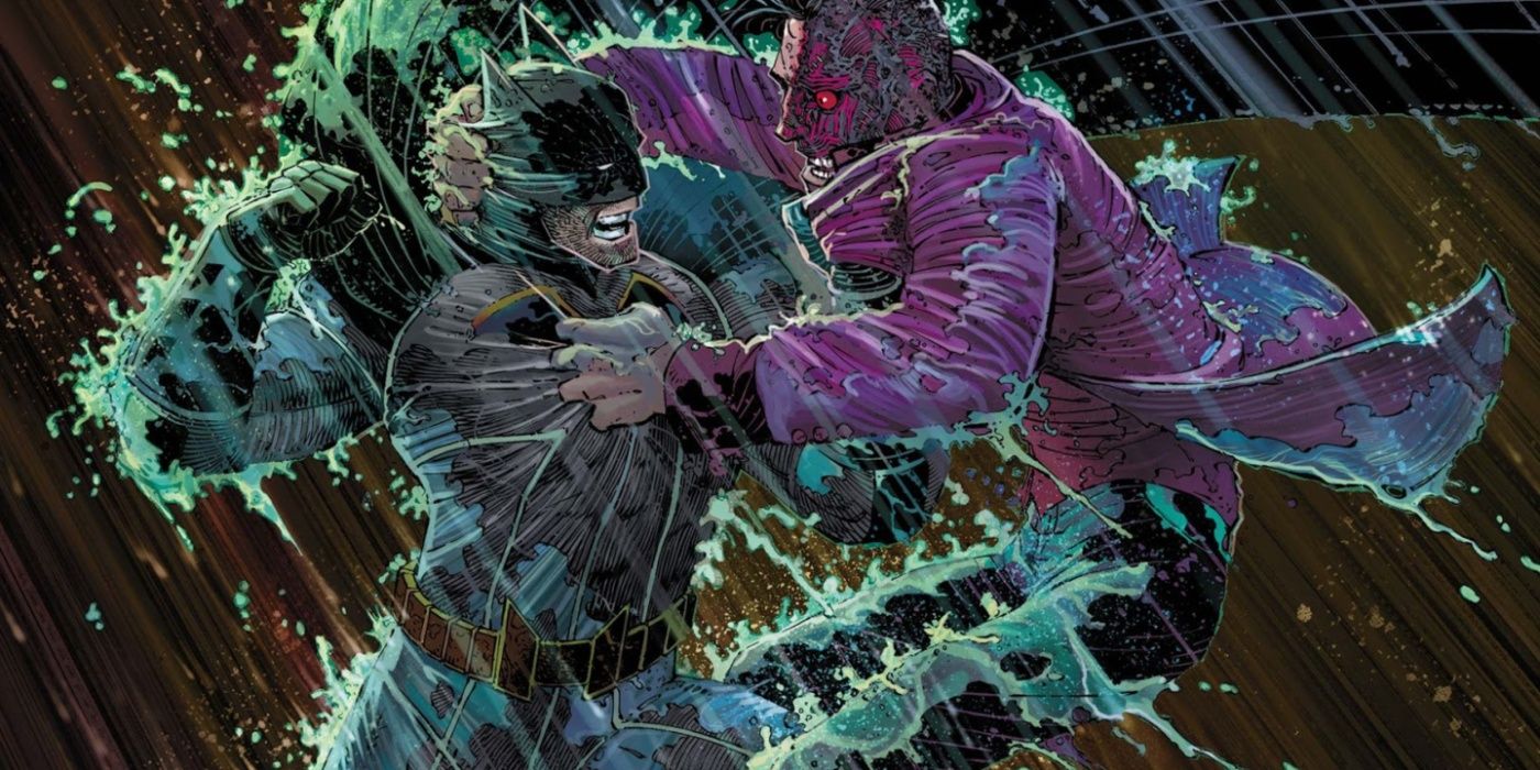 Batman and Two-Face locked in combat in the rain in My Own Worst Enemy.
