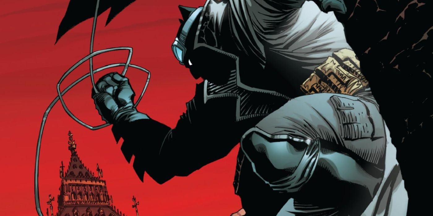 Batman perched on the side of a building in London in The Detective.