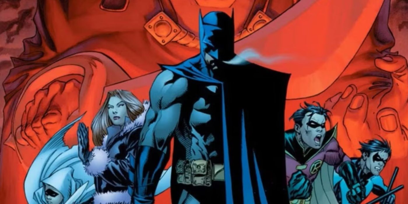 Batman with the Bat-family and Talia al Ghul behind him in The Resurrection of Ra's al Ghul cover art.