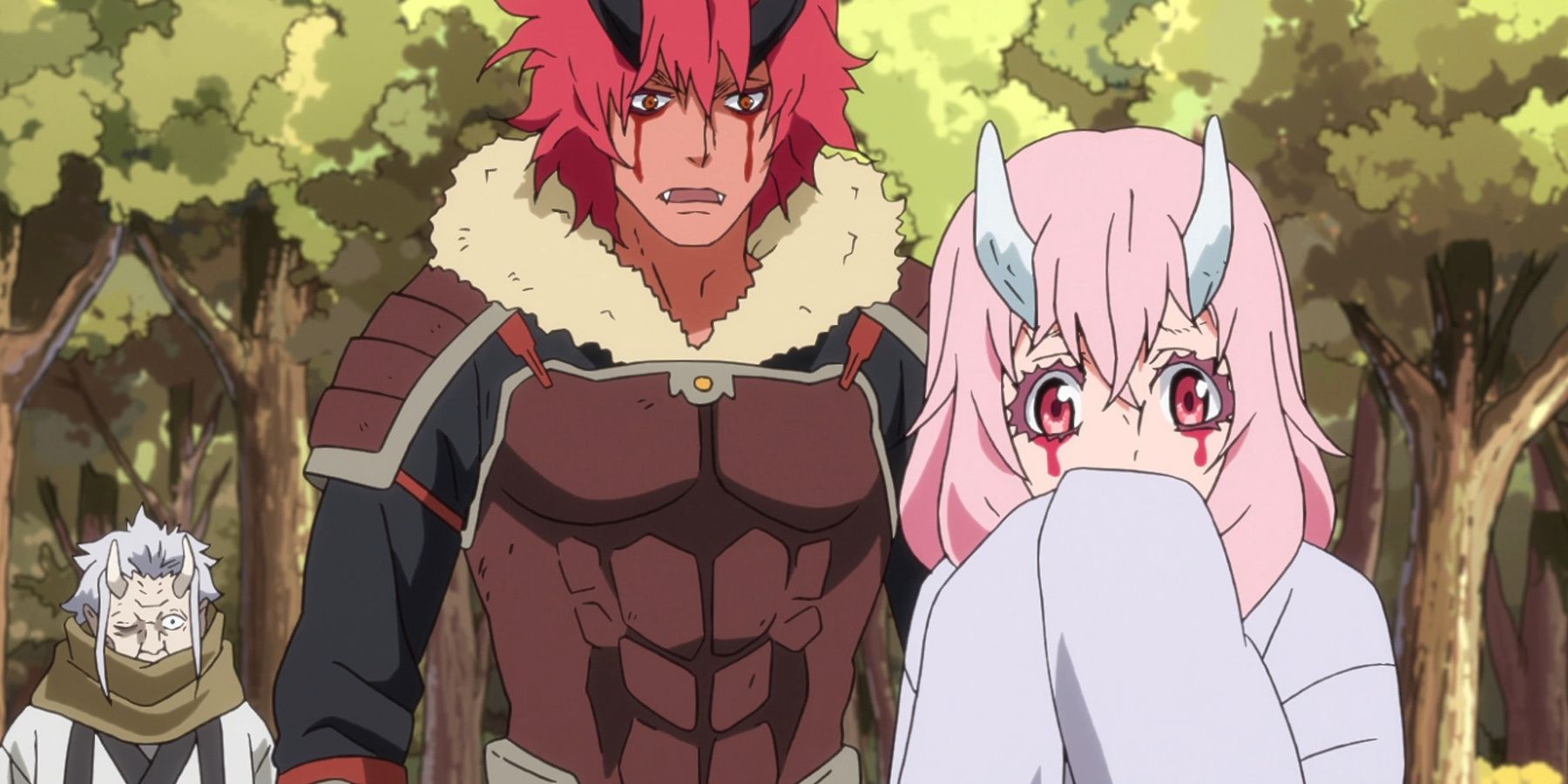 Benimaru y Shuna parecen sorprendidos en el bosque.