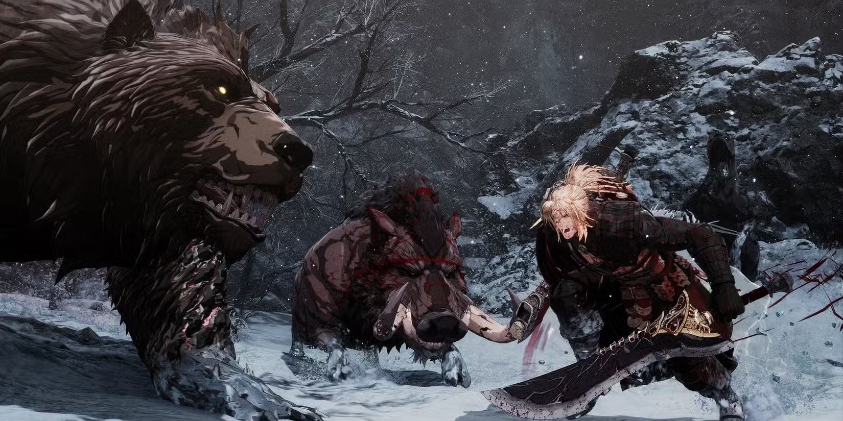The First Berserker: Khazan gameplay with the protagonist battling a bear and a boar.