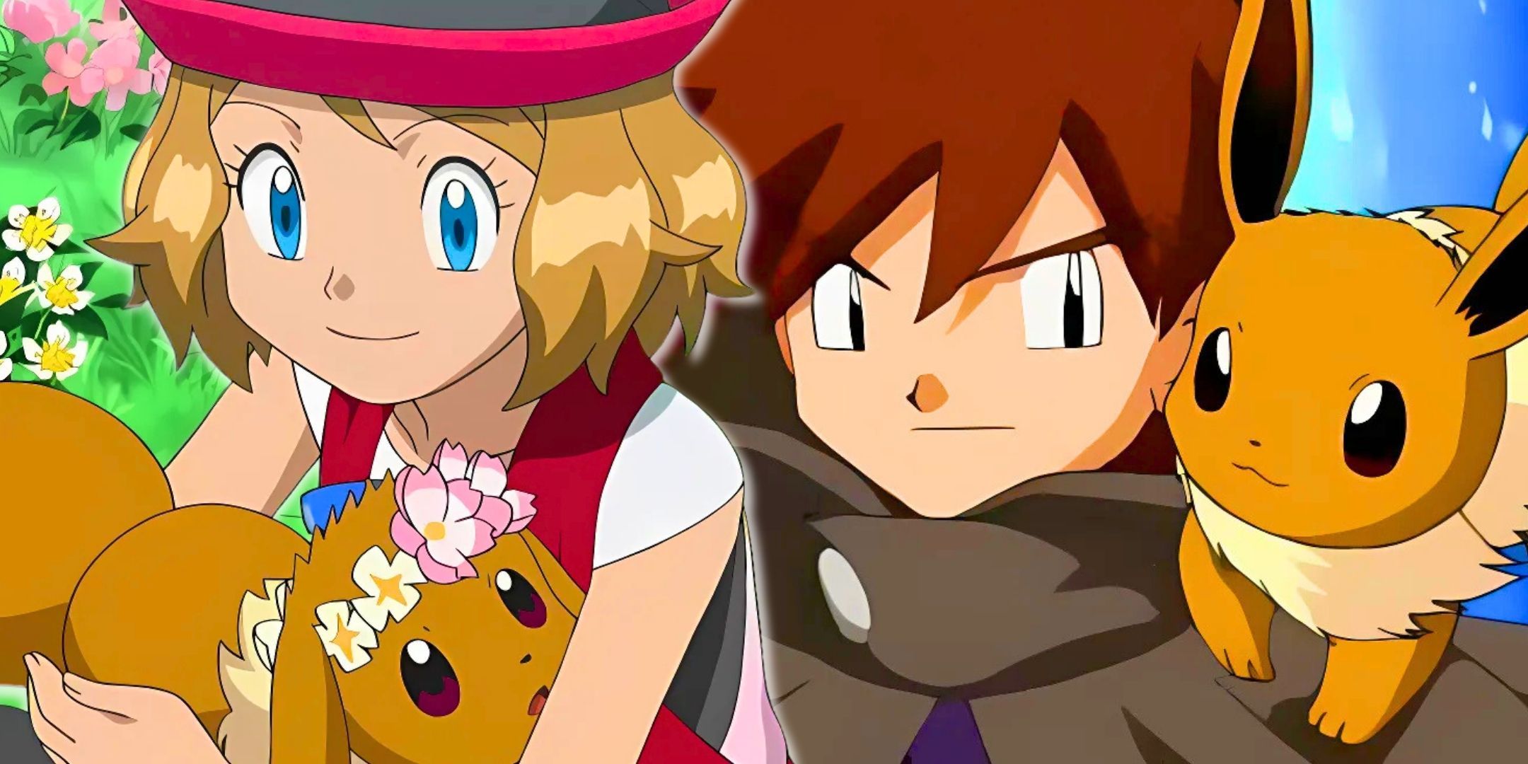 Una collage de Serena y su Eevee y Gary y su Eevee de Pokémon