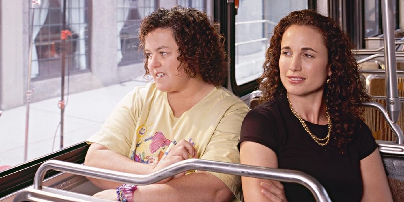 Beth Simon (Rosie O'Donnell) and Rachel Simon (Andie MacDowell) are riding the bus together in Riding the Bus with My Sister.
