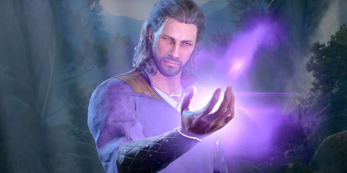Gale with a stern expression as he holds out magic in his hand in Baldur's Gate 3.