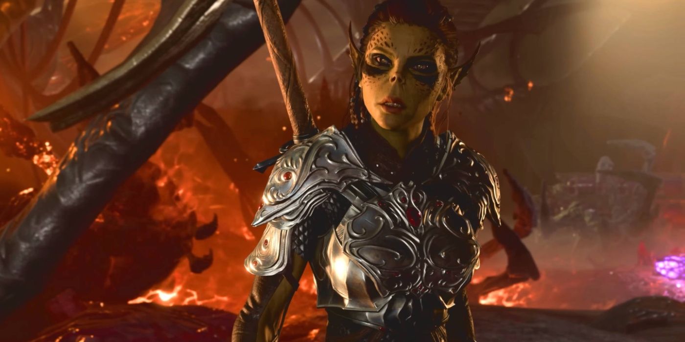 Lae'zel standing amid the fire and wreckage of the Mind Flayer ship in Baldur's Gate 3.