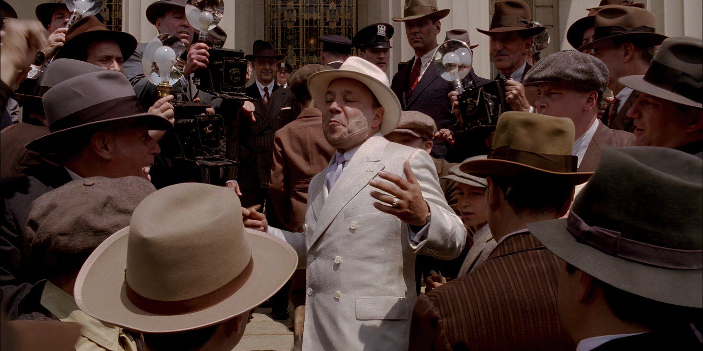 Al Capone greets the press with smiles and jokes in Boardwalk Empire.