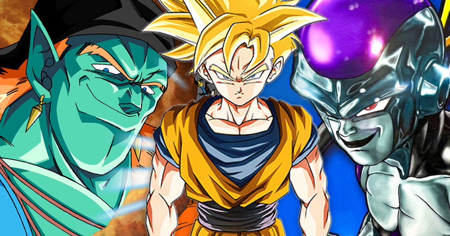 Bojack, Super Saiyan Gohan in Goku's clothes, and Black Frieza from Dragon Ball Z and Dragon Ball Super