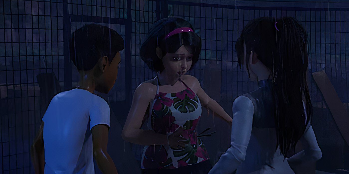 Sammy parece preocupada por las espinas del Scorpios Rex en su estómago mientras Yaz y Darius observan horrorizados