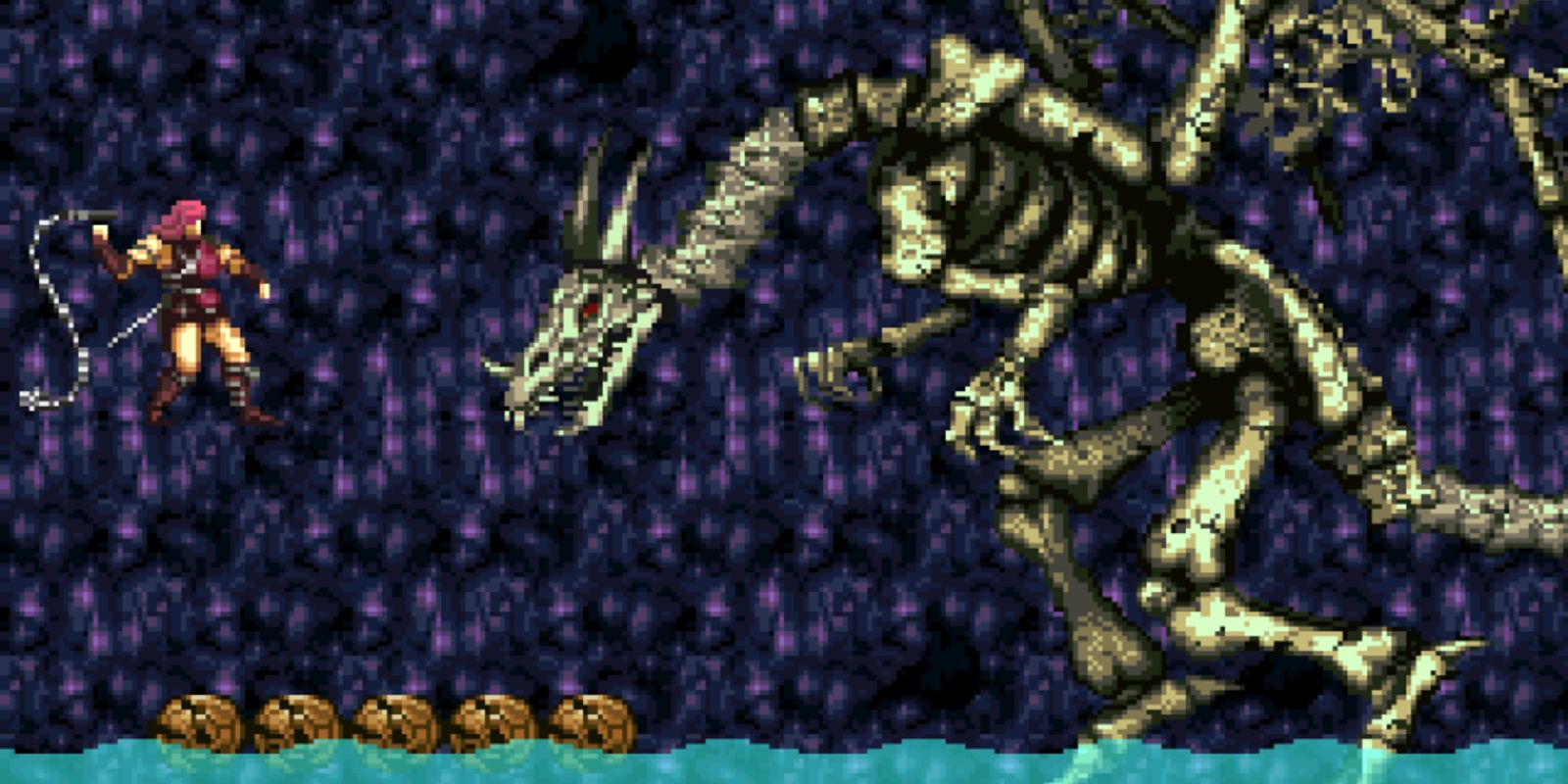 Castlevania Chronicles Bone Dragon battle with Simon jumping and whipping it