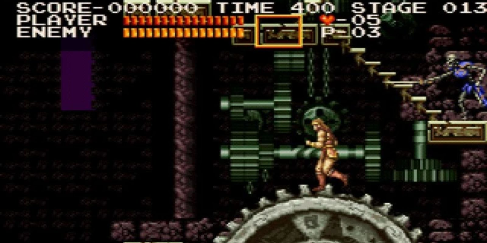 Castlevania Chronicles Clocktower With Simon standing on a gear