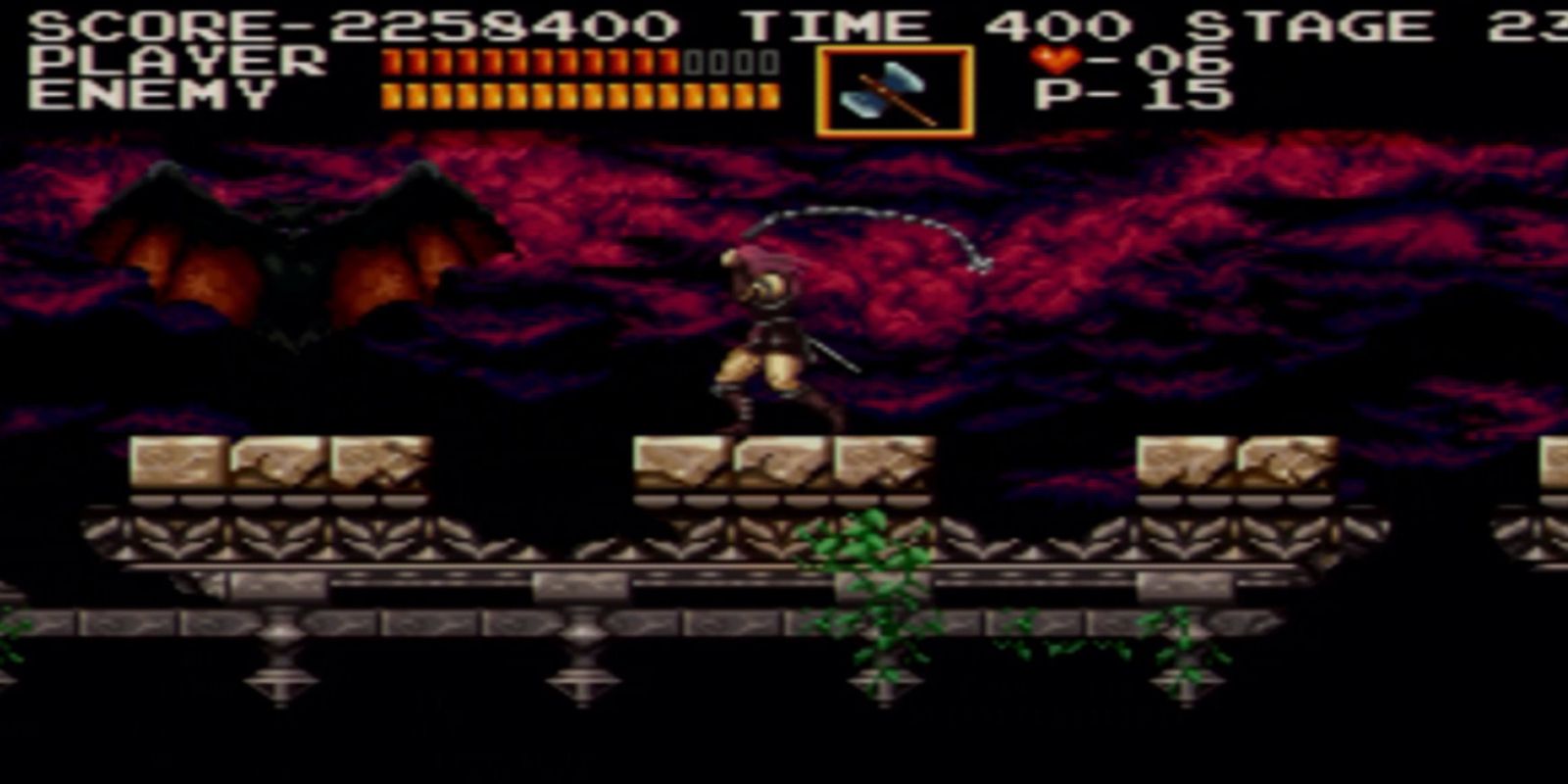 Castlevania Chronicles Gameplay with Simon whipping a giant bat