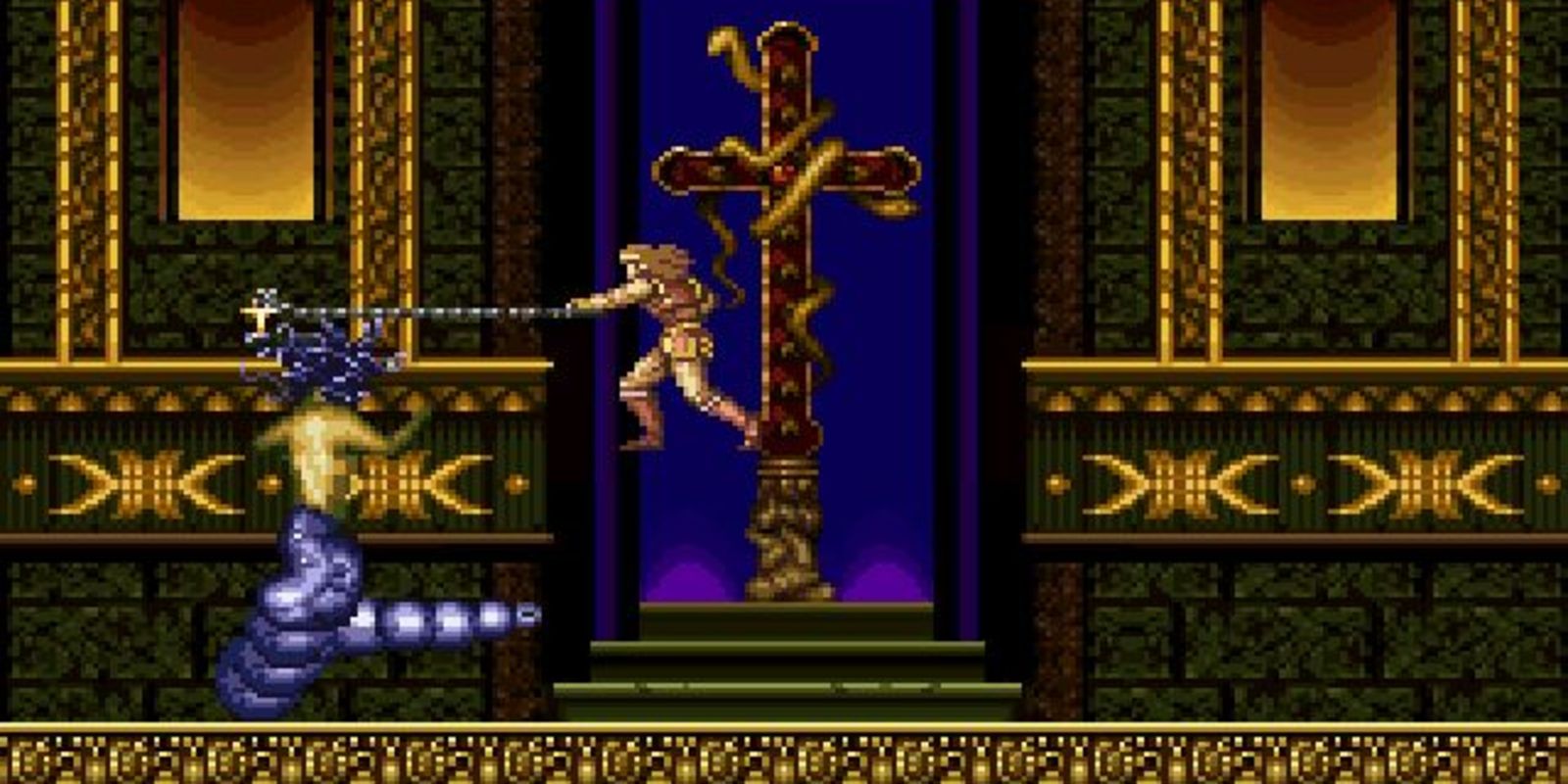 Castlevania Chronicles Medusa boss battle with Simon whipping her