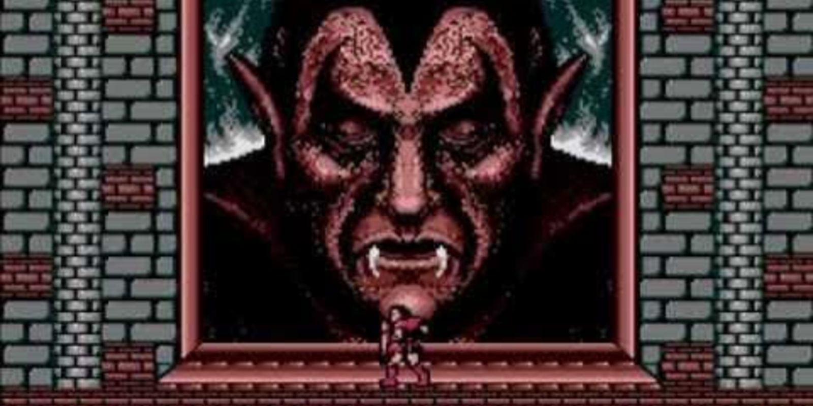 Castlevania Dracula como retrato con Simon parado frente a él